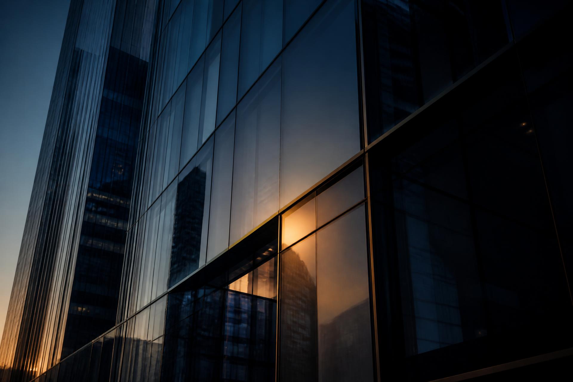 Modern financial district skyscraper facade at dusk